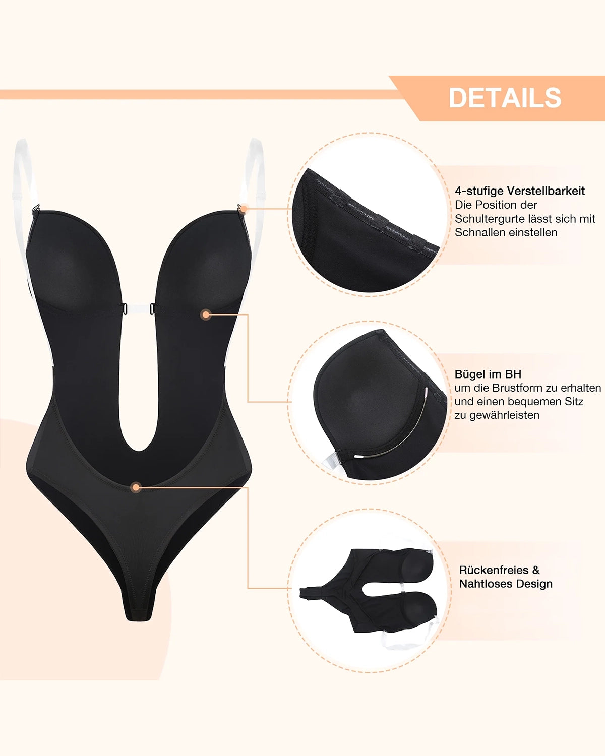 Eleganter Thong-Bodysuit mit Front Deep-Cut und Beauty Back